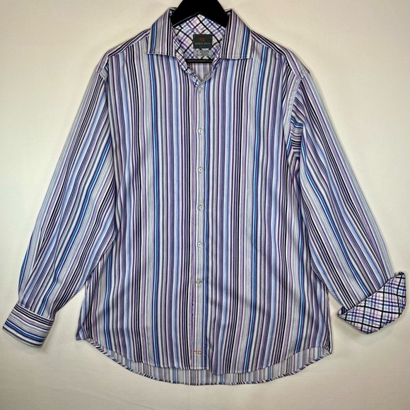 Thomas Dean men’s flip cuff long sleeve button down shirt size XL purple blue - Picture 1 of 7